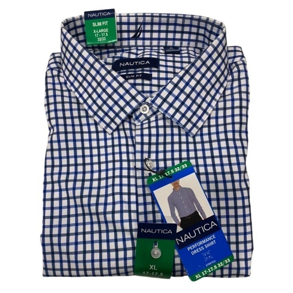 Nautica Mens Slim Fit Performance Dress Shirt Navy White Gingham 17-17.5 32/33‎
